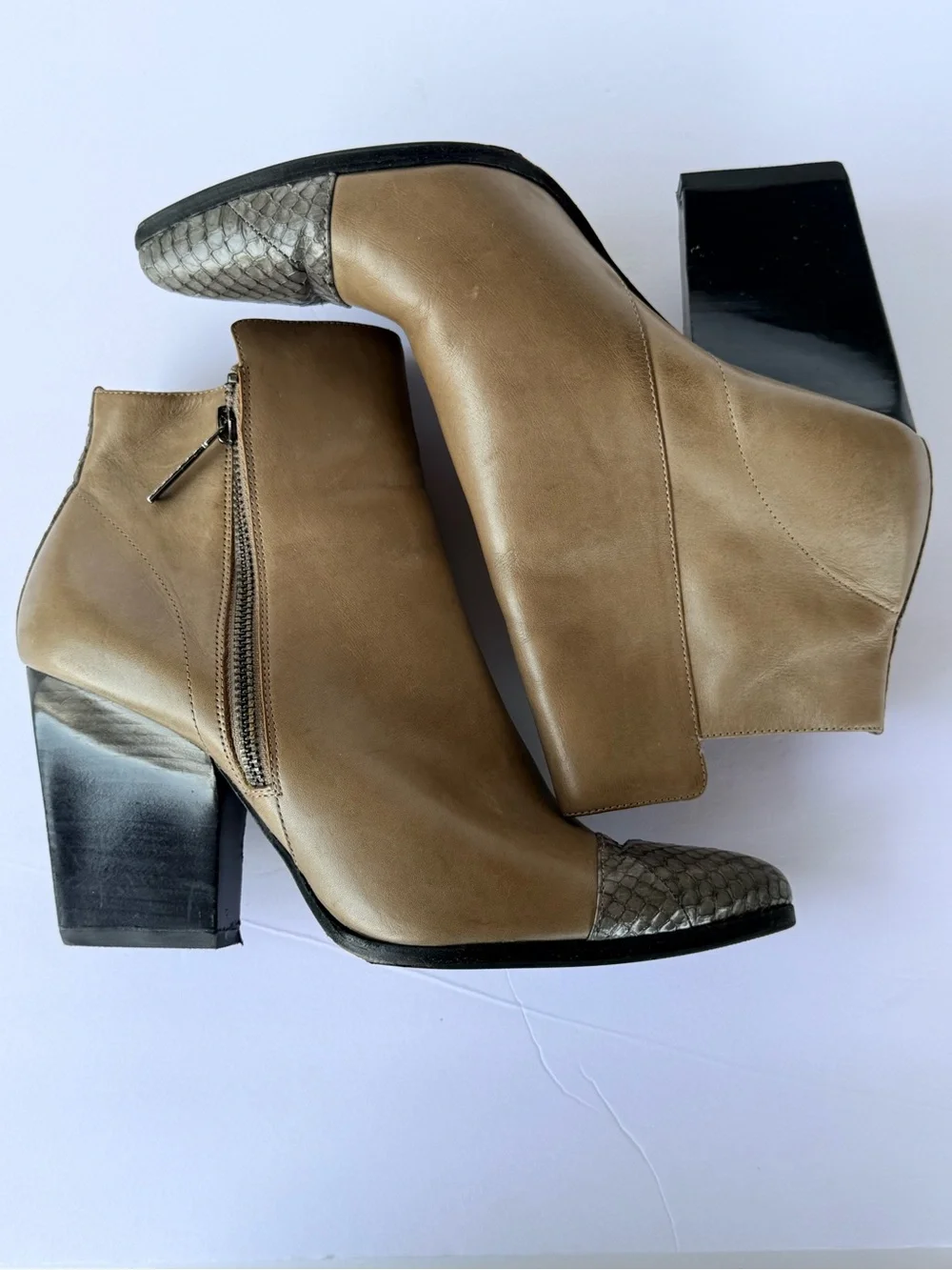 Donald J. Pliner Taupe Leather Ankle Boots with Gray Snake-Print Toe Caps